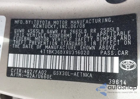 2008 Toyota Avalon Xl from USA, damaged, VIN 4T1BK36BX8U316020